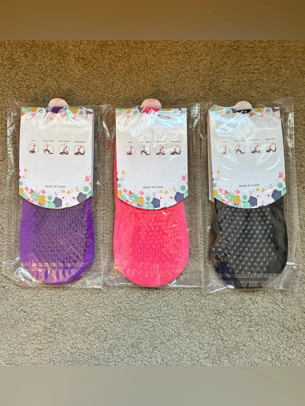 3 Pairs Of Grip Yoga Socks for Women - Purple, Pink & Black New OS